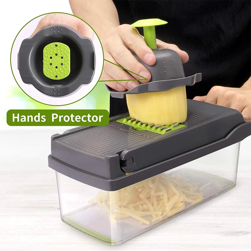 VeggieScape Deluxe: 11-in-1 Food Chopping System Mandoline Slicer Cutter with Drain Basket Potato Onion Chopper Dicer KC0430