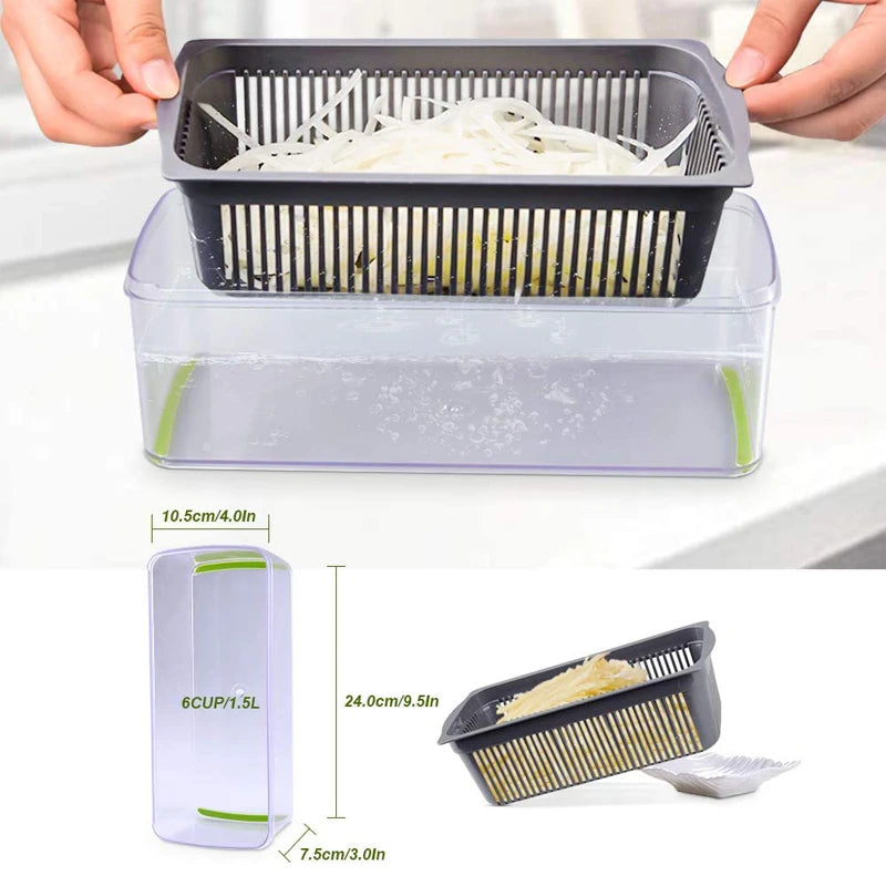 VeggieScape Deluxe: 11-in-1 Food Chopping System Mandoline Slicer Cutter with Drain Basket Potato Onion Chopper Dicer KC0430