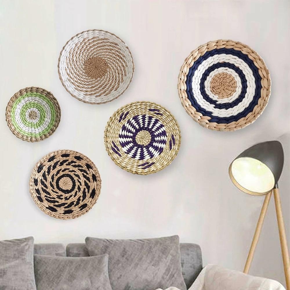 Boho Wall Basket Decor Seagrass Woven Round Wall Hanging Baskets Rustic Basket Gift for Bedroom Livingroom Home Wall Art Decor