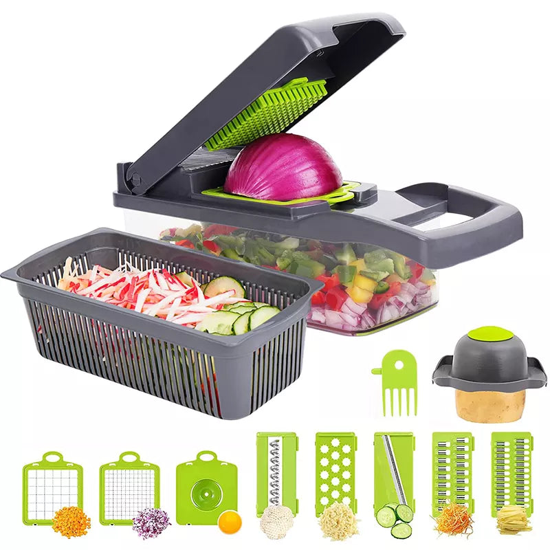 VeggieScape Deluxe: 11-in-1 Food Chopping System Mandoline Slicer Cutter with Drain Basket Potato Onion Chopper Dicer KC0430